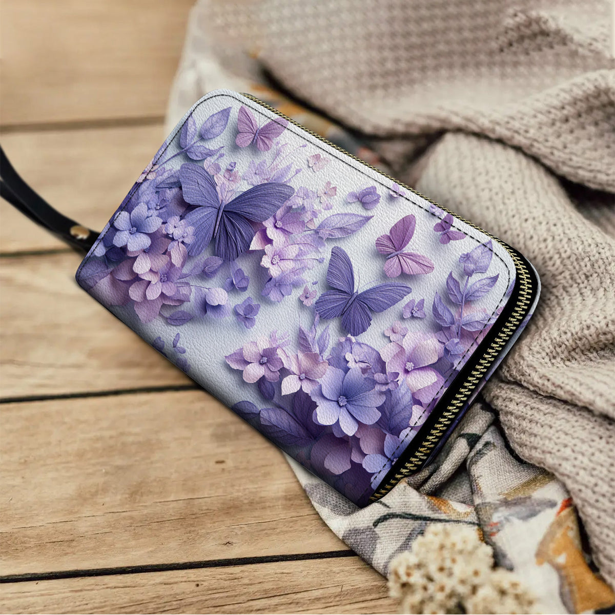 Shineful Leather Clutch Purse With Wristlet Strap Handle Wings Over Blooms