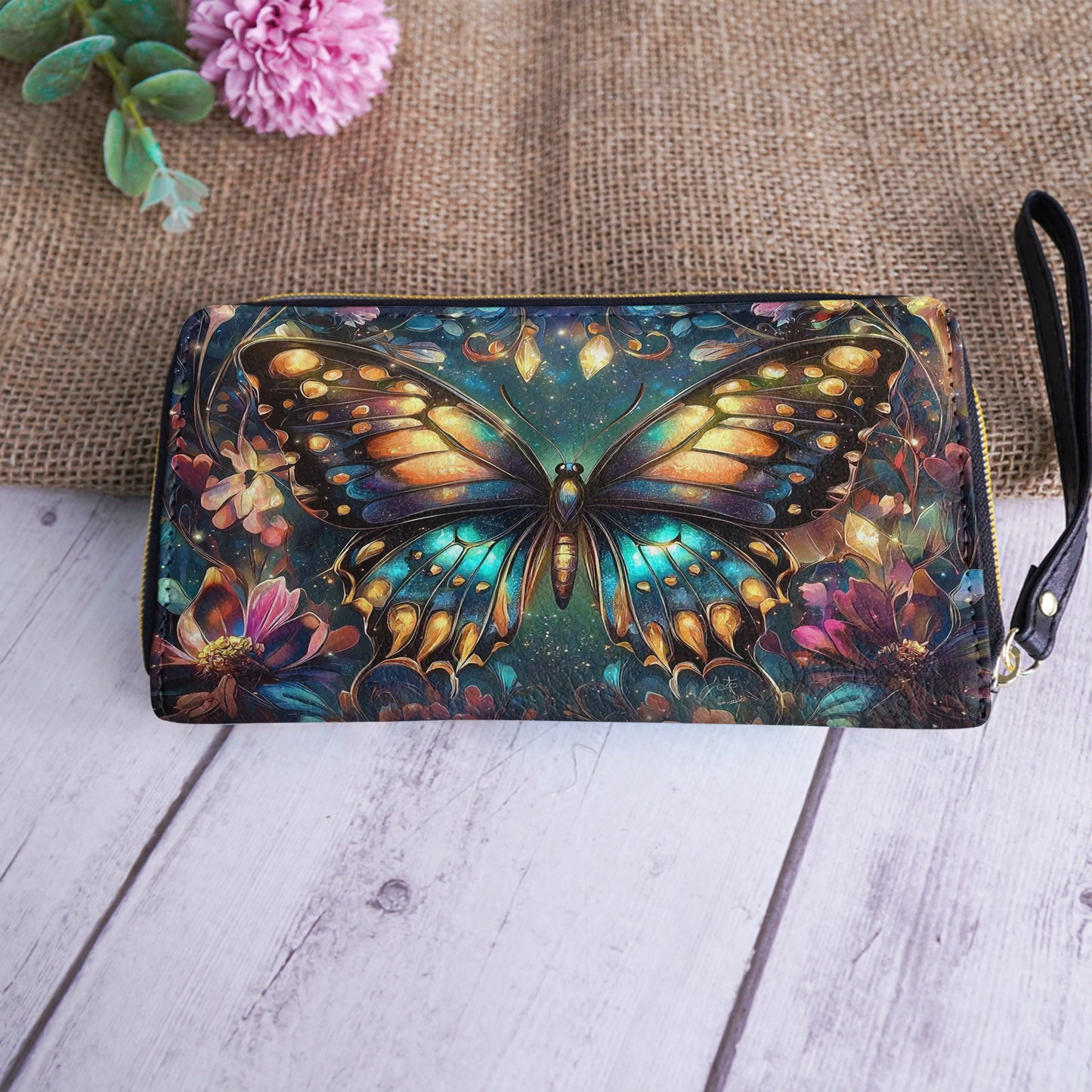 Shineful Leather Clutch Purse With Wristlet Strap Handle Butterfly Twilight Glow