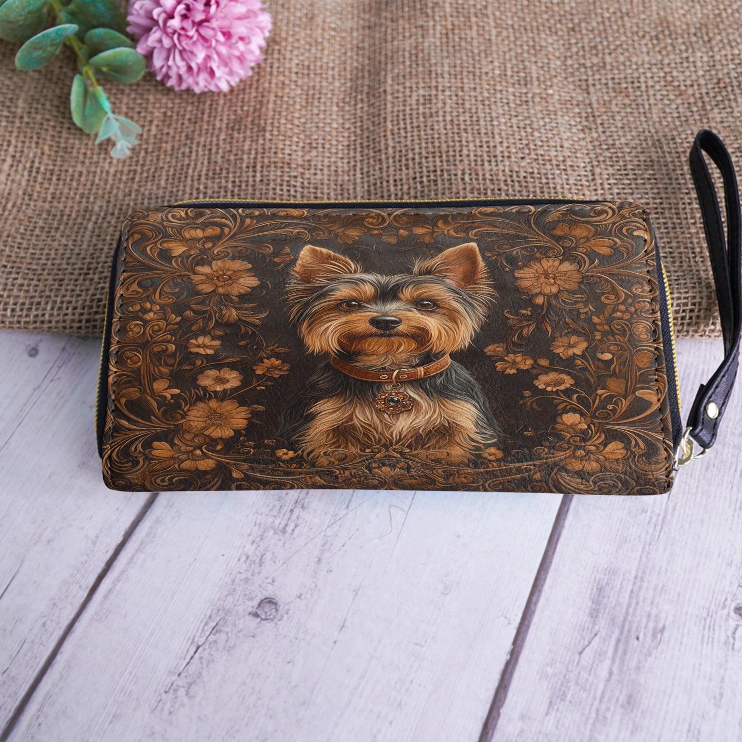 Shineful Leather Clutch Purse With Wristlet Strap Handle Timeless Yorkie Charm