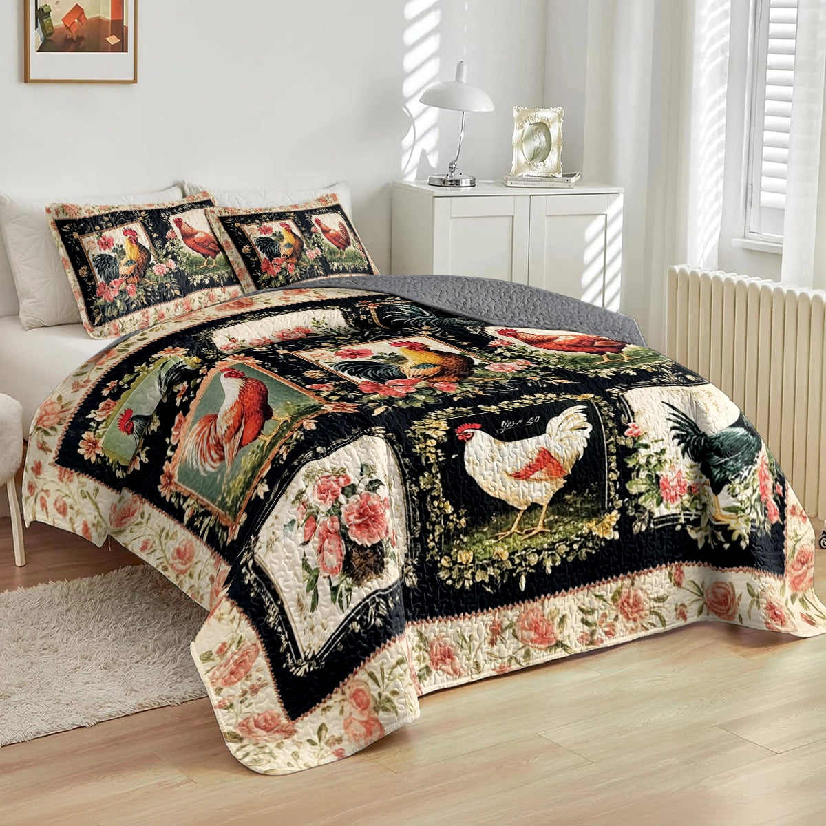 Shineful All Season Quilt 3-Piece Set Floral Graceful Chickens