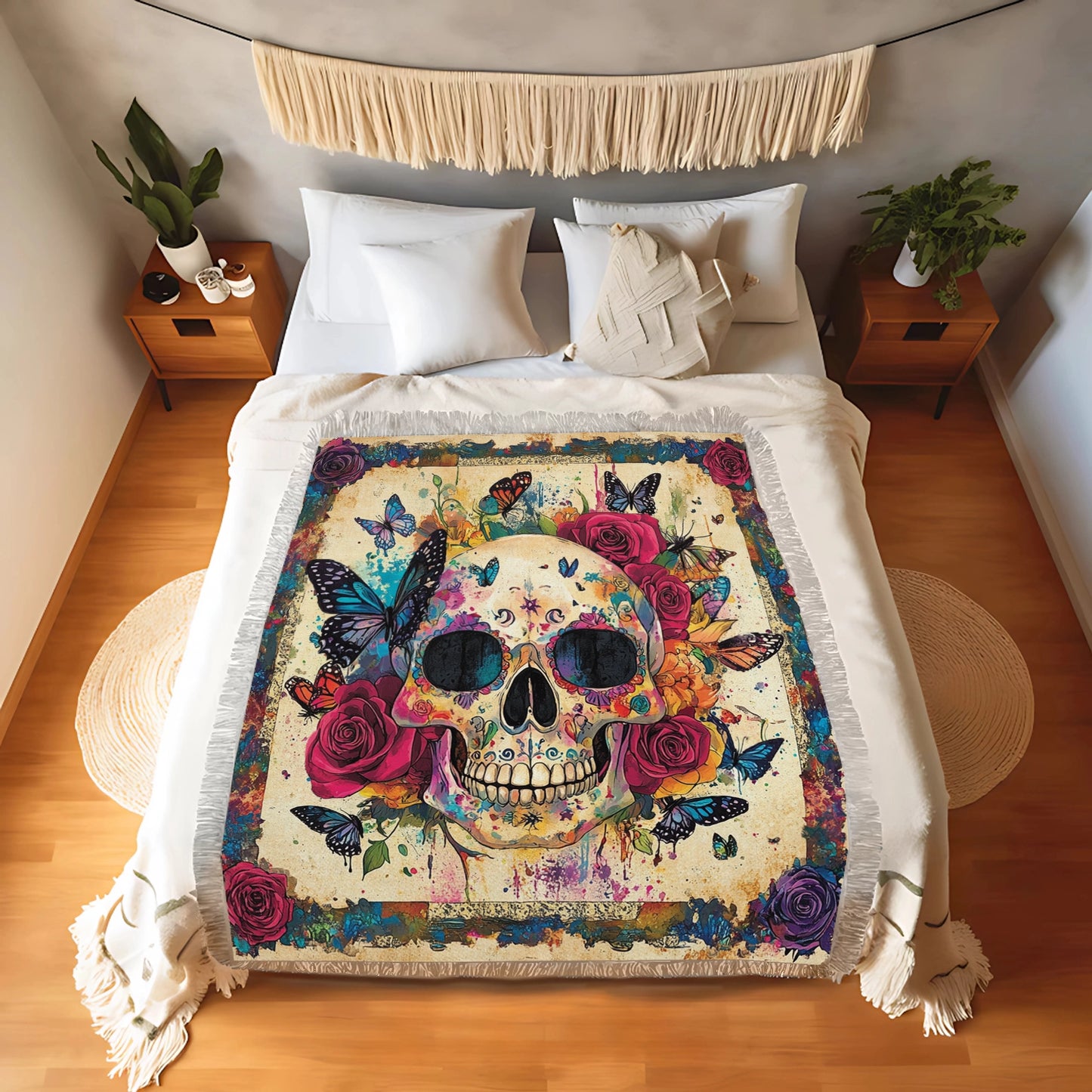 Shineful Woven Tapestry Throw Blanket Butterfly Skull