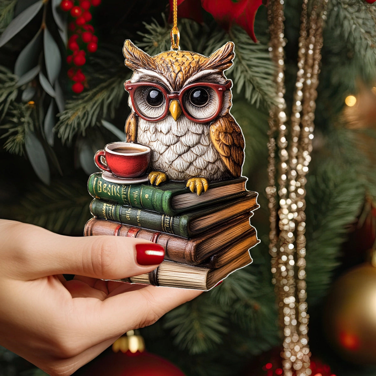 Shineful 2D Acrylic Ornament Reading Sips Owl