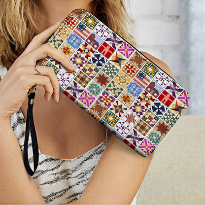 Shineful Leather Clutch Purse With Wristlet Strap Handle Quilting Blocks