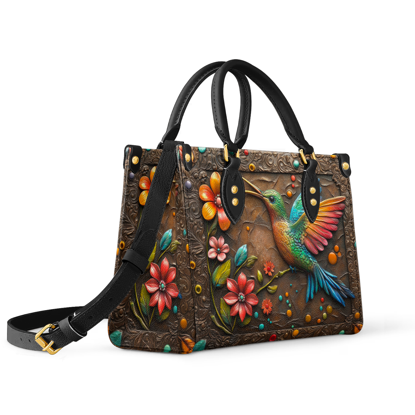 Shineful Leather Bag Hummingbird And Flower