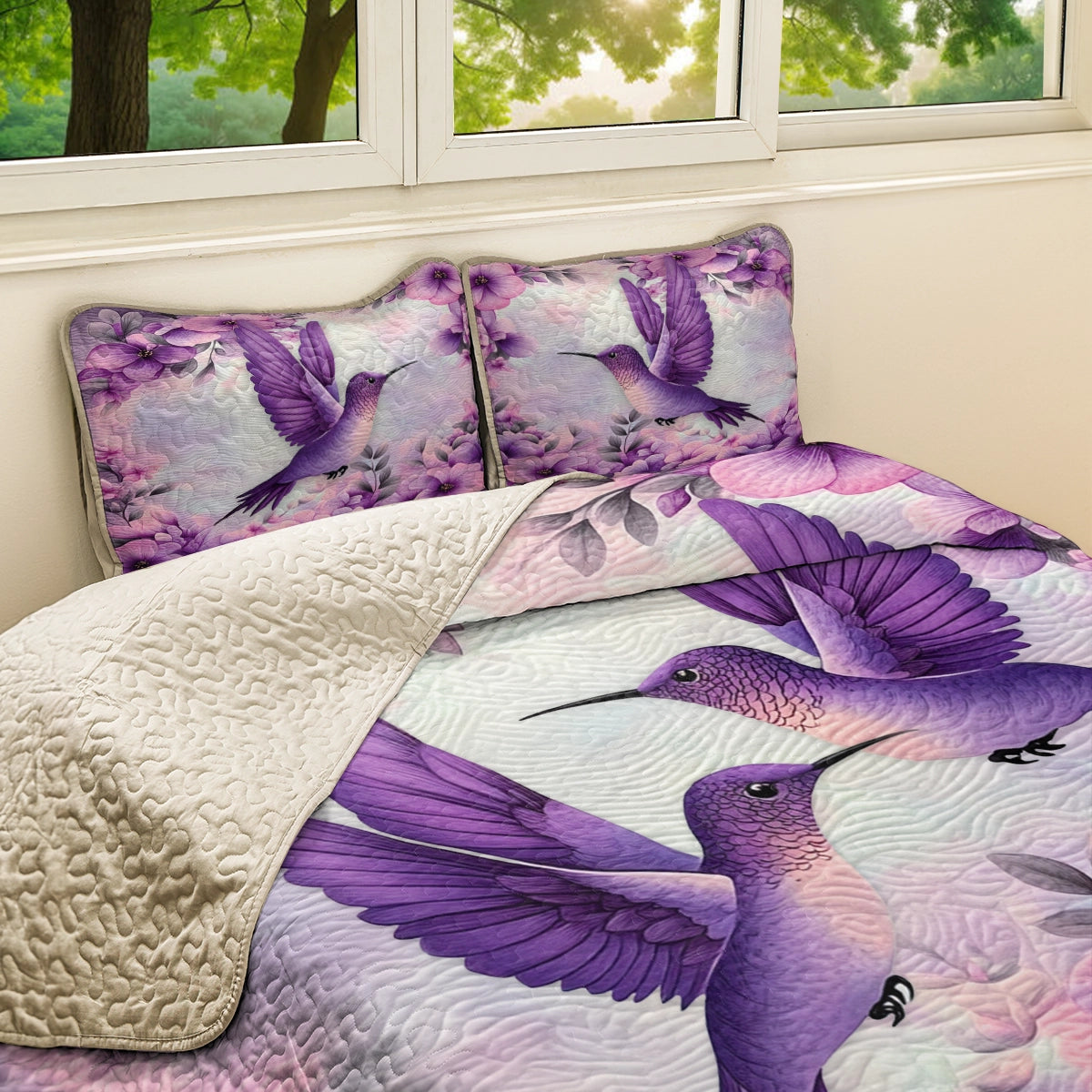 Shineful All Season Quilt 3-Piece Set - Purple Bliss Hummingbird