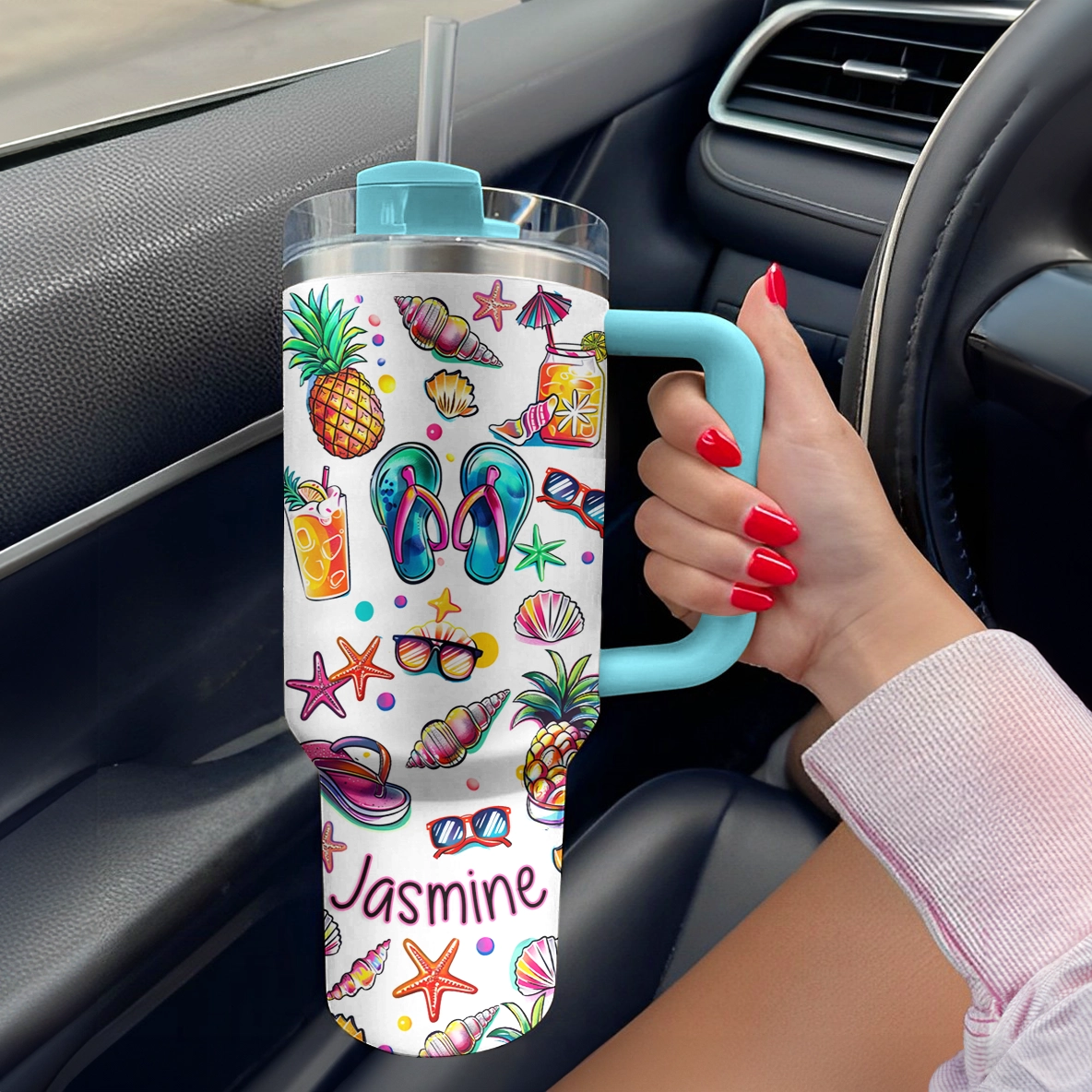 Glänzender Becher mit personalisiertem Sunny Flipflop