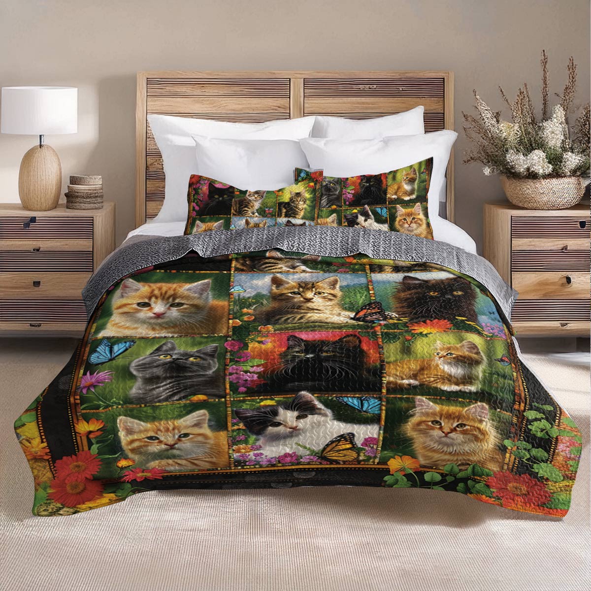 Shineful All Season Quilt 3-Piece Set Cat Elegent Flower