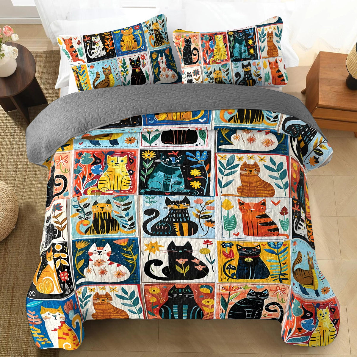 Shineful All Season Quilt 3-teiliges Set Charming Cat Collage 