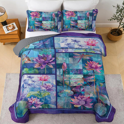 Shineful All Season Quilt 3-Piece Set Lotus Dragonfly Serenity