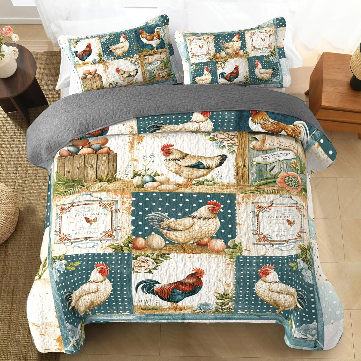 Ensemble de courtepointe toutes saisons Shineful 3 pièces Vintage Haven Chicken