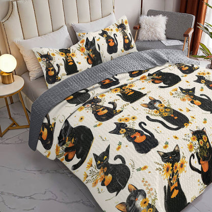 Shineful All Season Quilt 3-Piece Set Cat And Yellow Flower