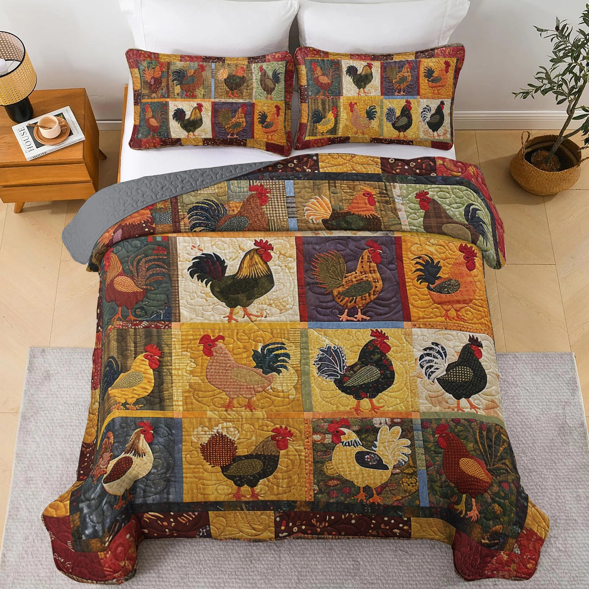 Shineful All Season Quilt 3-Piece Set Country Farm Chicken