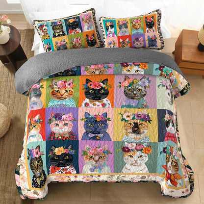 Shineful All Season Quilt 3-Piece Set Floral Cat Fantasy