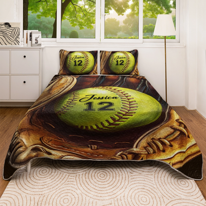 Shineful All Season Quilt 3-Piece Set Personalized Softball Dreams