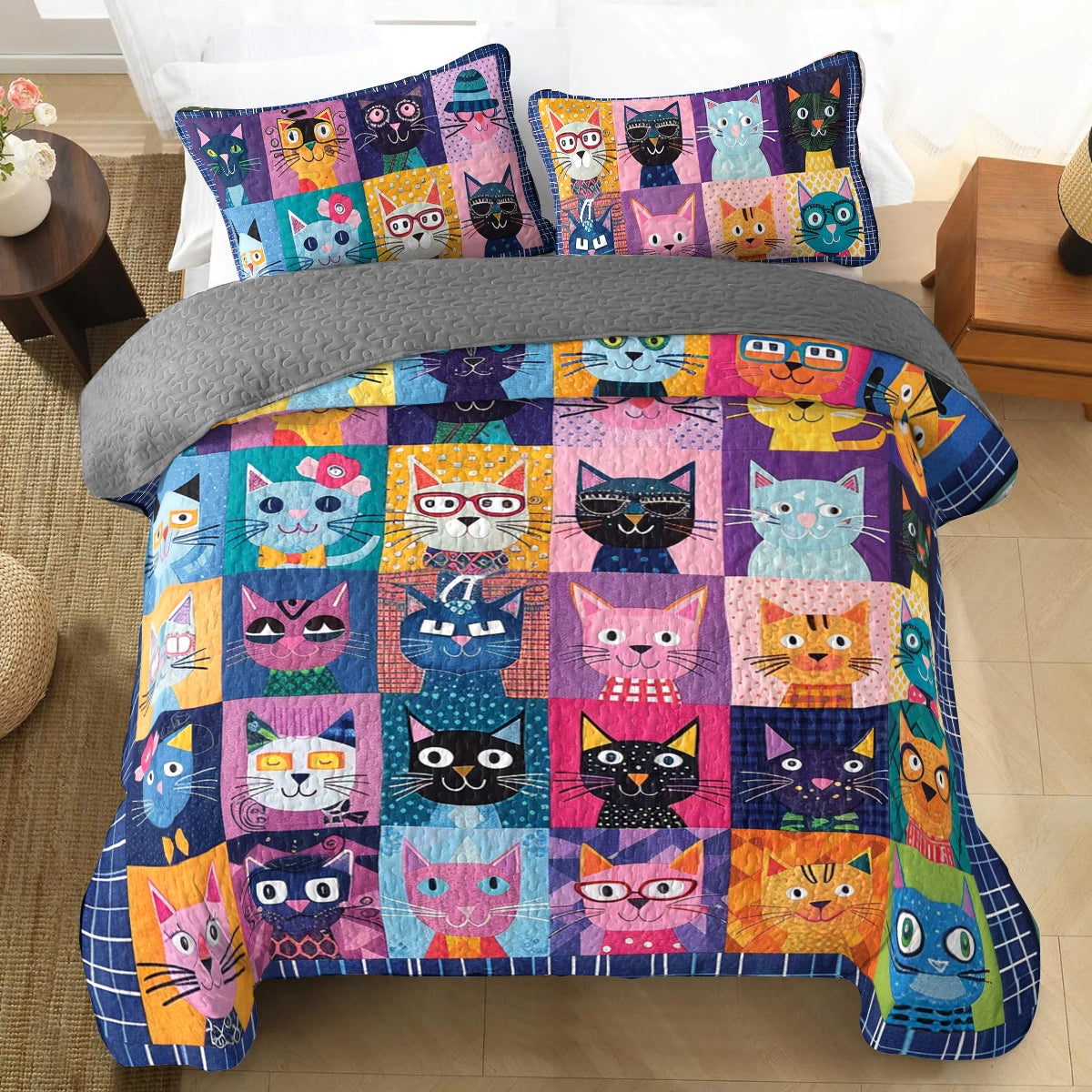 Shineful All Season Quilt 3-Piece Set Quirky Cat Cuddle