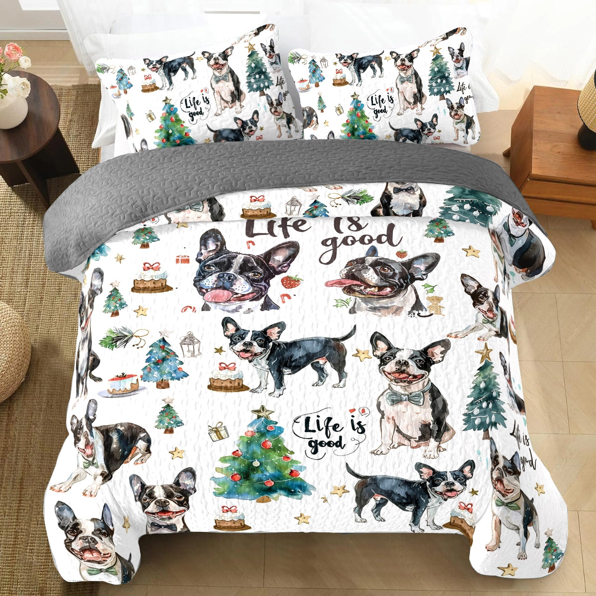 Shineful All Season Quilt 3-Piece Set Boston Terriers Holiday Hound