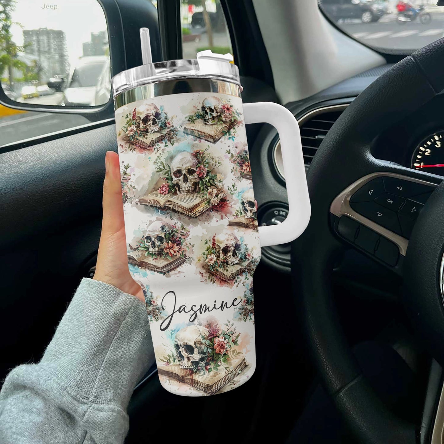 Shineful Tumbler Personalized Roses Skull Reading