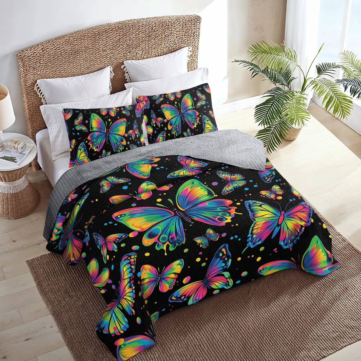 Shineful All Season Quilt 3-Piece Set - Neon Butterfly Dreams