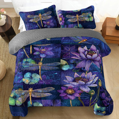 Shineful All Season Quilt 3-Piece Set Enchanted Dragonfly Lotus