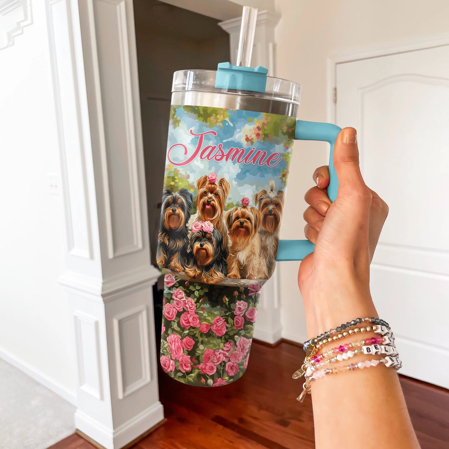 Glänzender Becher, personalisierbar, Yorkie Garden