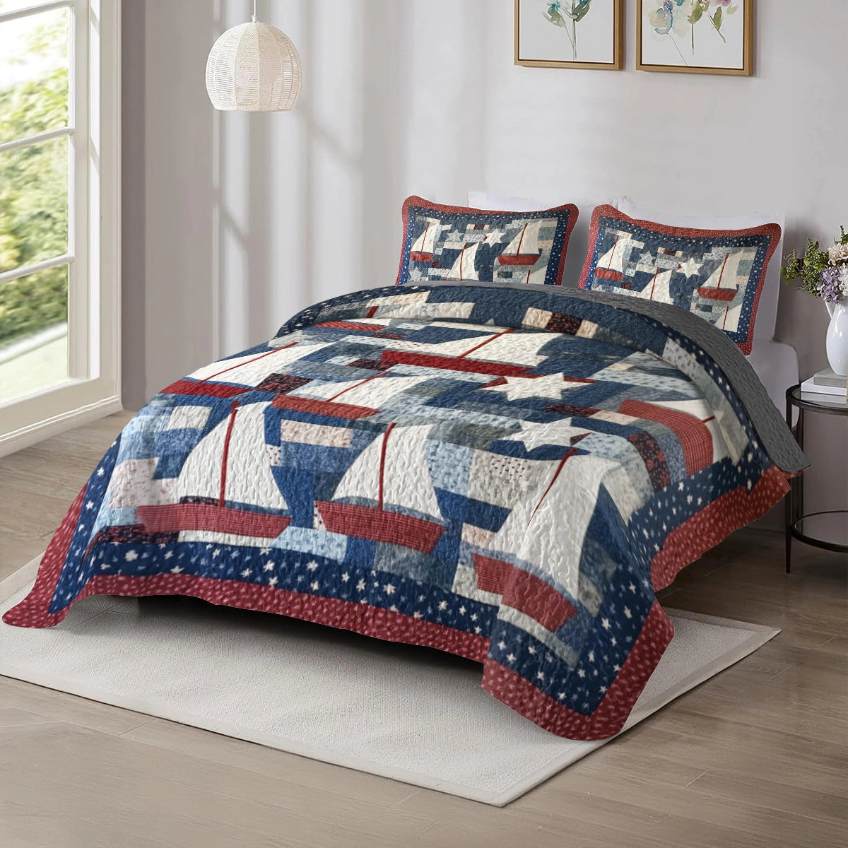 Shineful All Season Quilt 3-Piece Set Sailing Patriotic Sailboats