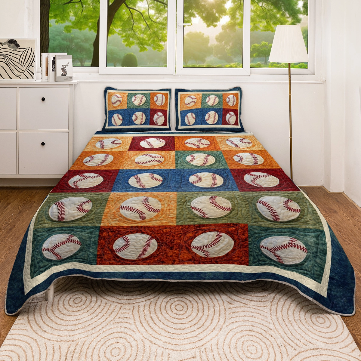 Shineful All Season Quilt 3-Piece Set Baseball Vintage Ballpark Patchwork