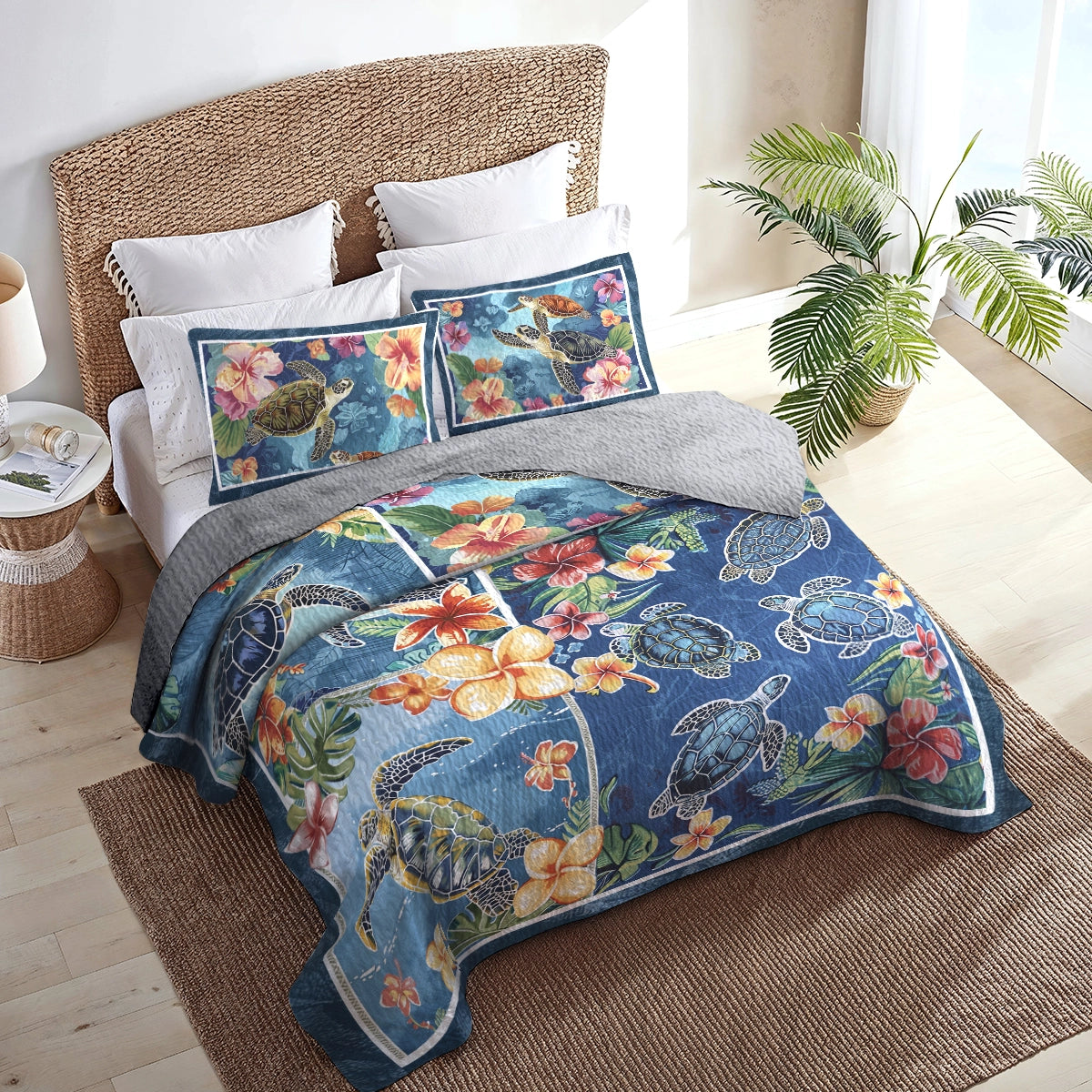 Shineful All Season Quilt 3-Piece Set Hibiscus Gentle Sea Turtle