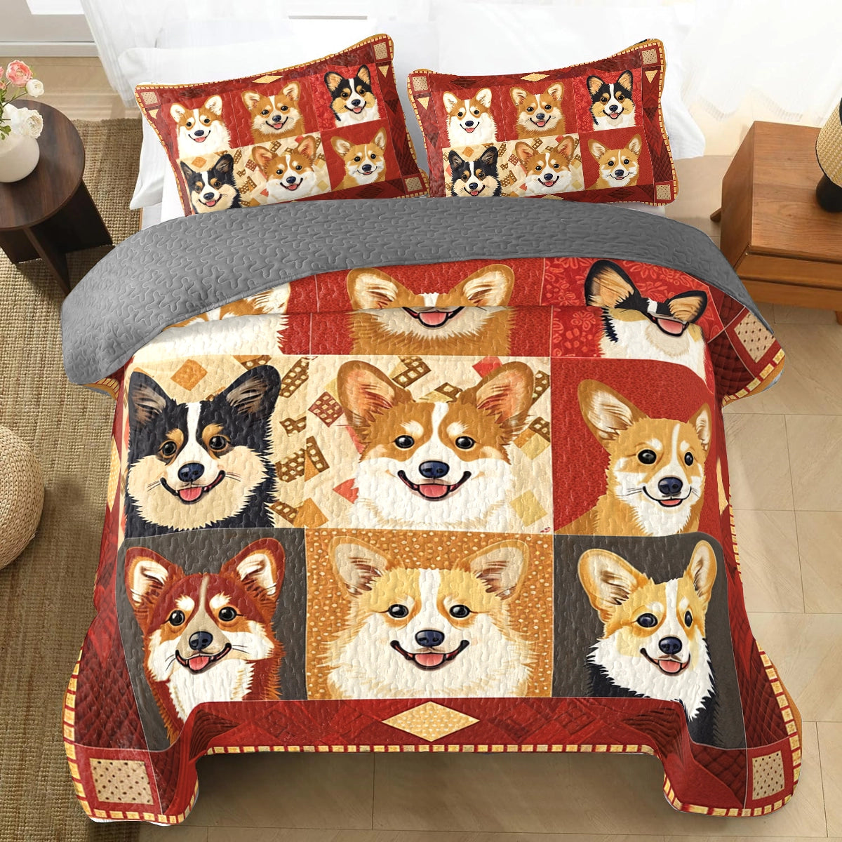 Shineful All Season Quilt 3-Piece Set Corgi Coziness