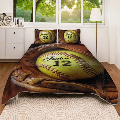 Shineful All Season Quilt 3-Piece Set Personalized Softball Star