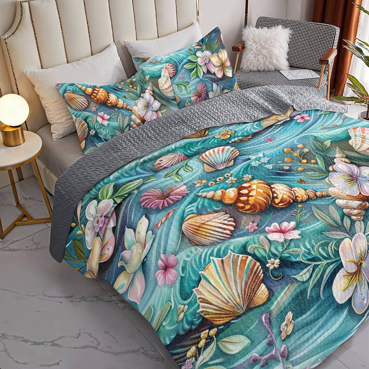 Shineful All Season Quilt 3-Piece Set SeaShell Flower