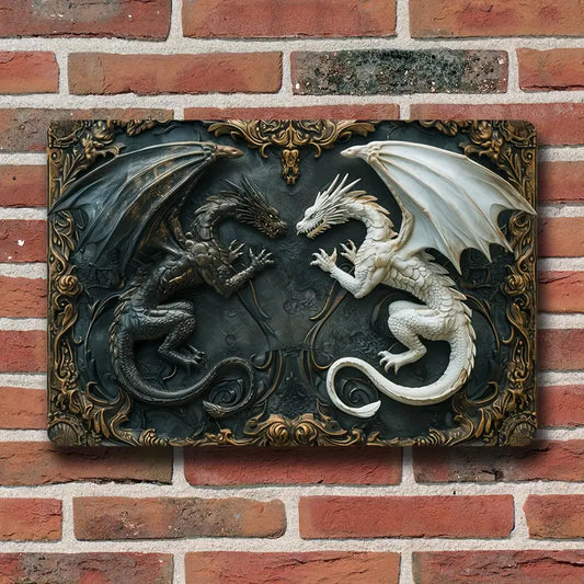 Shineful Metal Sign 2D Retro-Style Black-White Dragon