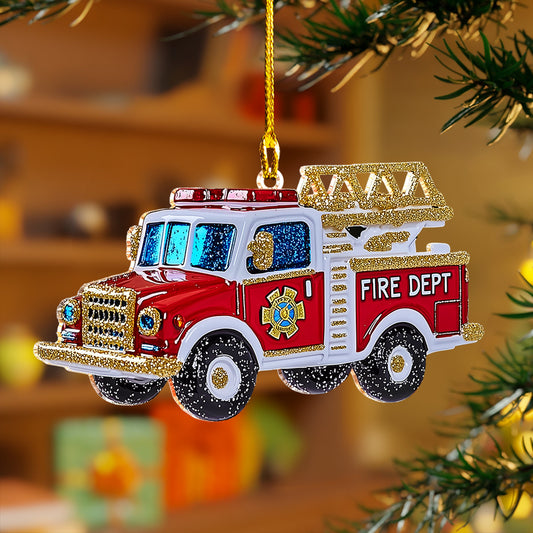 Ornement en acrylique 2D brillant - Camion de pompiers pailleté de Noël 