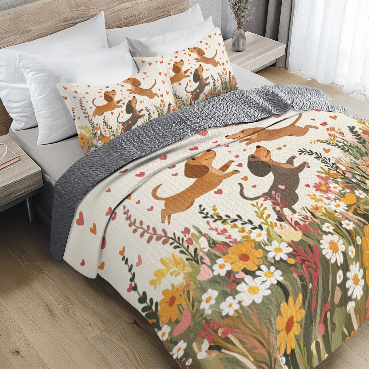 Shineful All Season Quilt 3-Piece Set Floral Dachshund With Heart