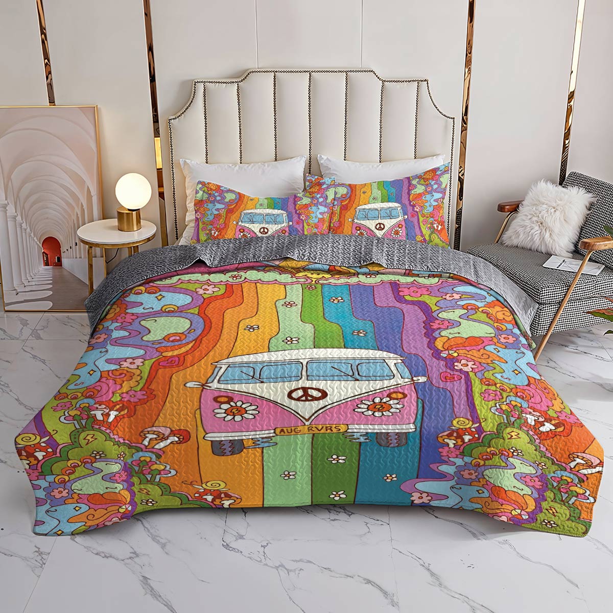 Shineful All Season Quilt 3-Piece Set Rainbow Hippie Van