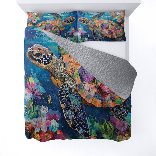 Shineful All Season Quilt 3-Piece Set Floral Sea Turtle