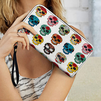 Shineful Leather Clutch Purse With Wristlet Strap Handle Colorful Sugar Skull Roses