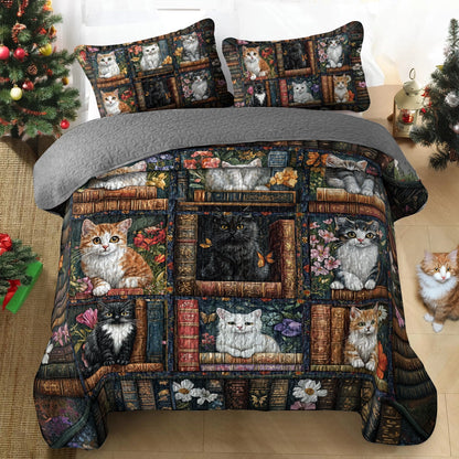 Shineful All Season Quilt 3-Piece Set - Library Cat Dreams