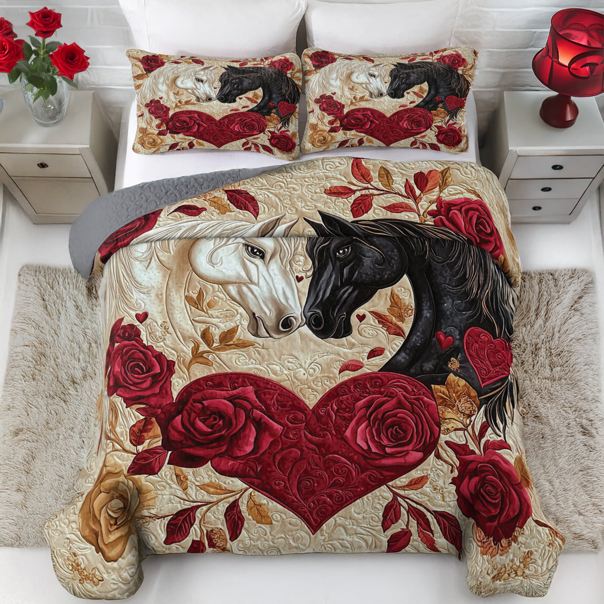 Shineful Flat Print All Season Quilt 3-Piece Set - Romantic Horse Valentine