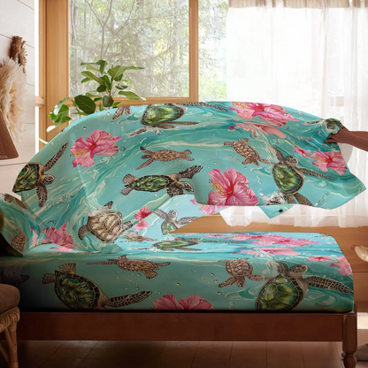 Shineful 4-Piece Bed Sheet Set - Sea Turtle Hibiscus