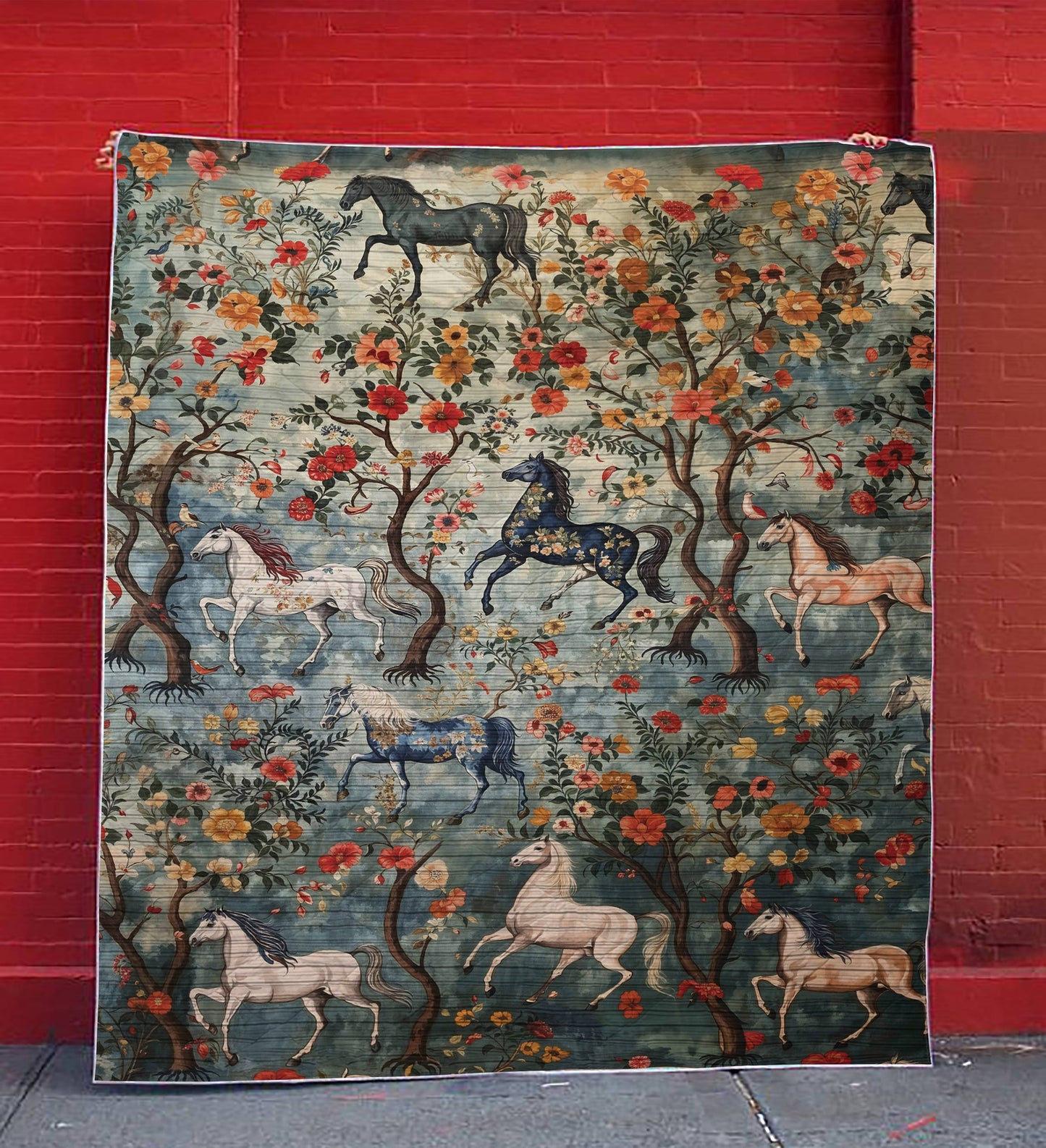 Shineful Flat Print Faux Quilt Blanket Playful Mystical Steeds