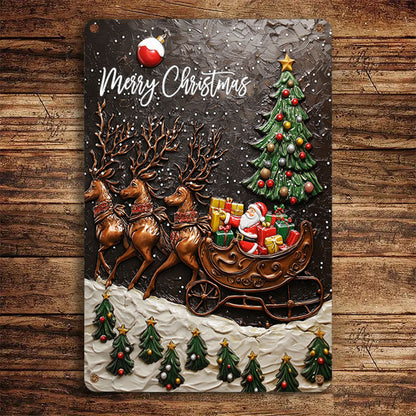 Shineful 2D Flat Print Metal Sign Cozy Santa Claus With Reindeer Pulling His Sleigh Full Of Gifts