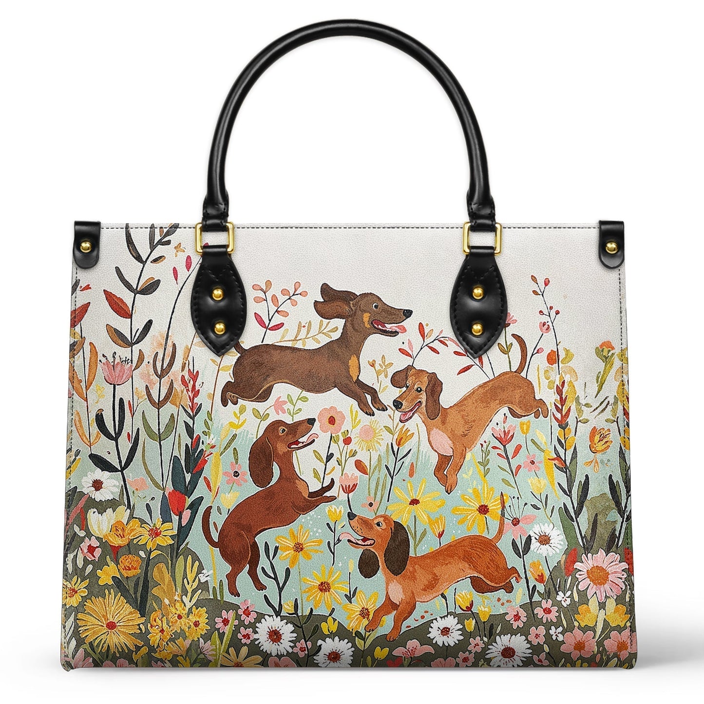 Sac en cuir brillant personnalisé motif teckel floral