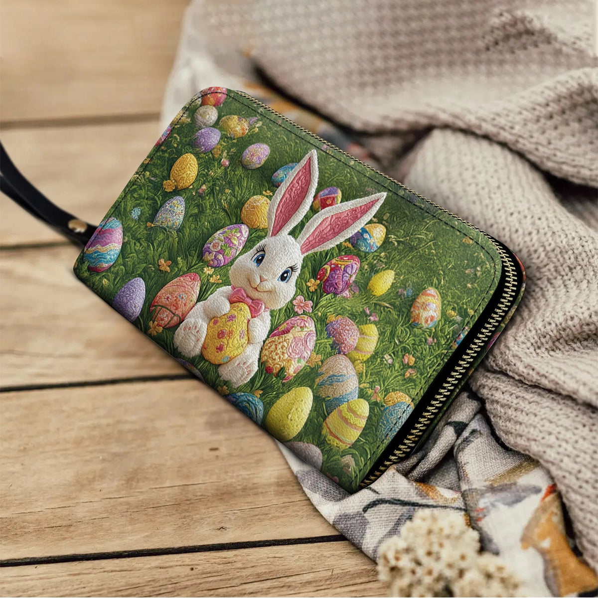 Shineful Leather Clutch Purse With Wristlet Strap Handle Easter Bunny