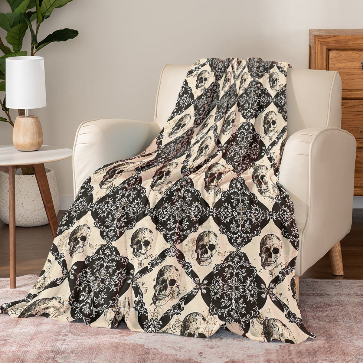 Shineful Fleece Blanket Elegant Skull Damask Pattern