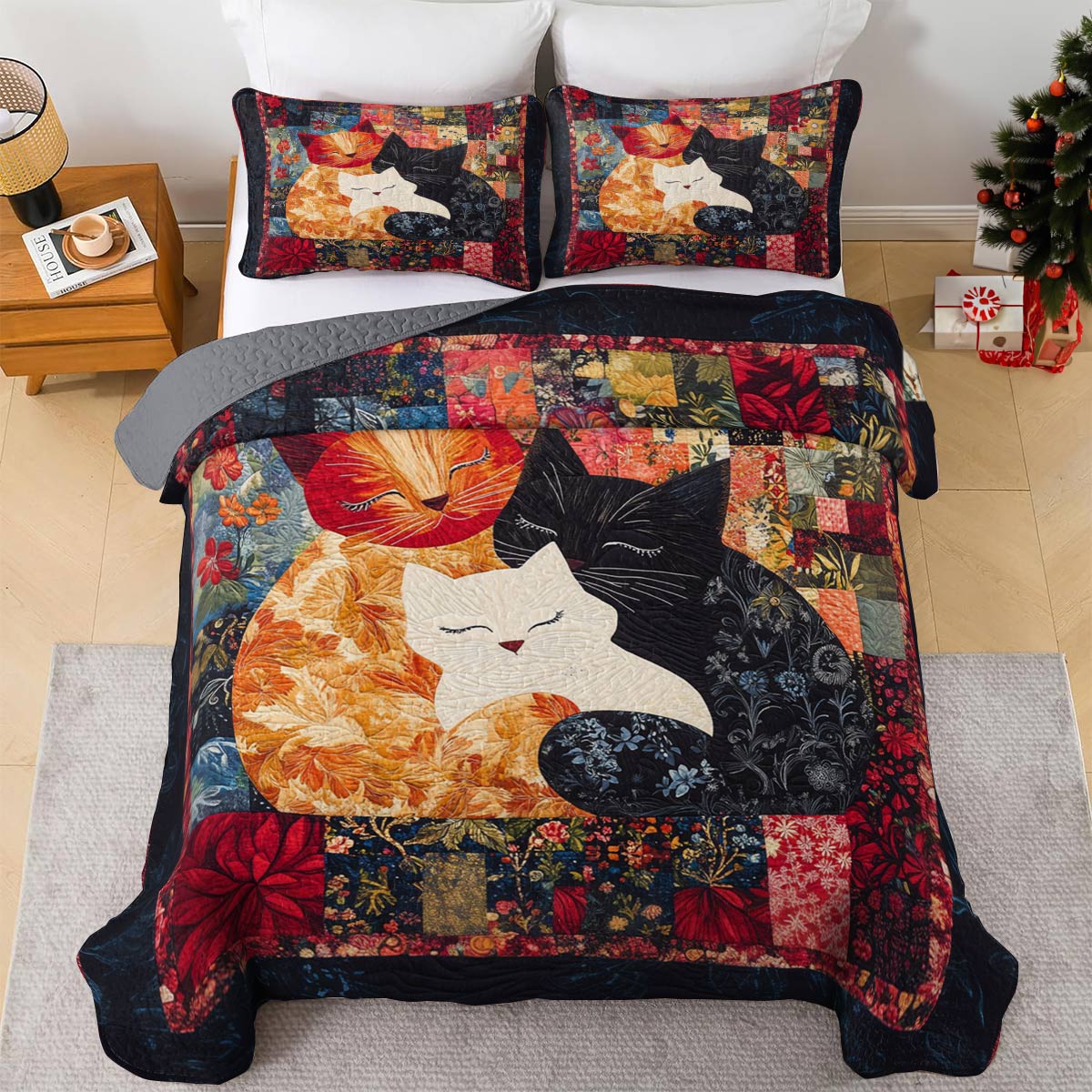 Shineful All Season Quilt 3-Piece Set Vintage Floral Family Cats