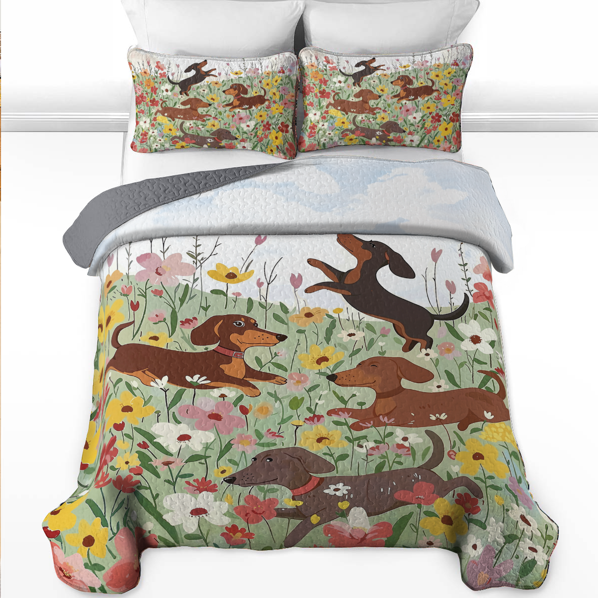 Shineful All Season Quilt 3-Piece Set Dachshund In Flower Garden