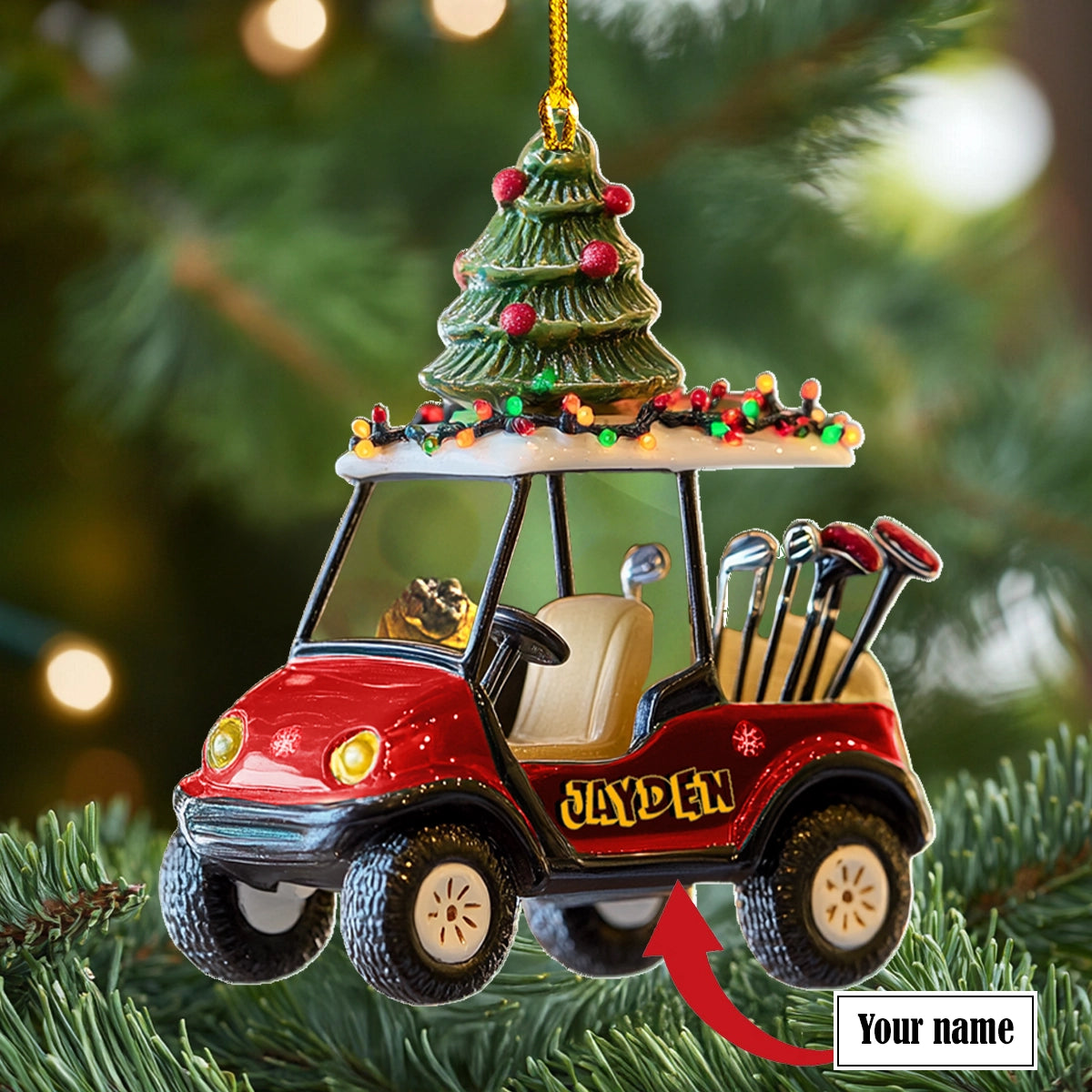 Glänzendes 2D Acryl Ornament - Personalisiertes rotes Golf Cart Weihnachten 