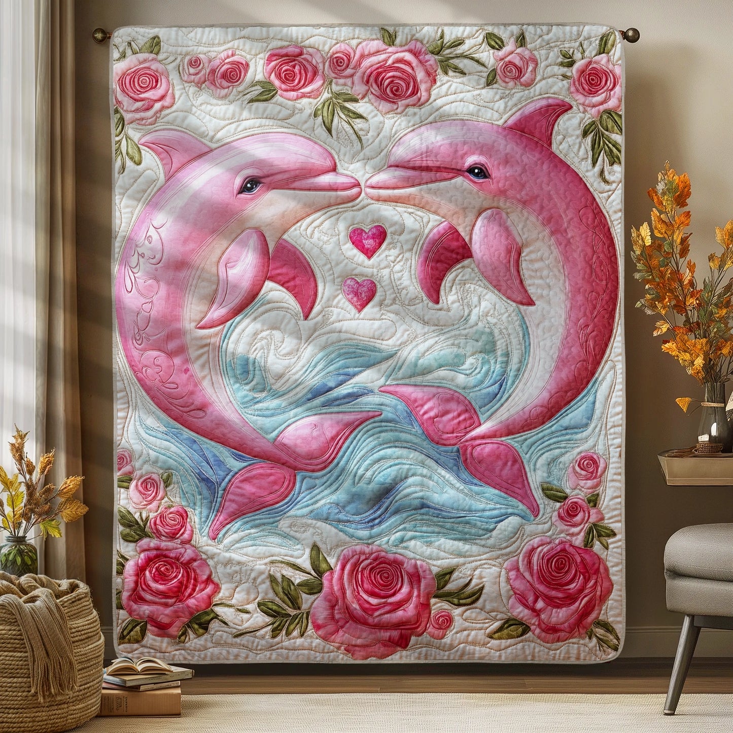 Shineful Flat Print Faux Quilt Blanket - Two Pink Dolphins in Love with Hearts and Roses