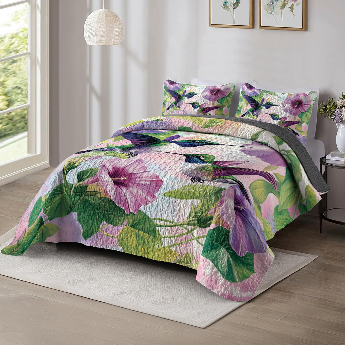 Shineful All Season Quilt 3-Piece Set Hummingbird Floral