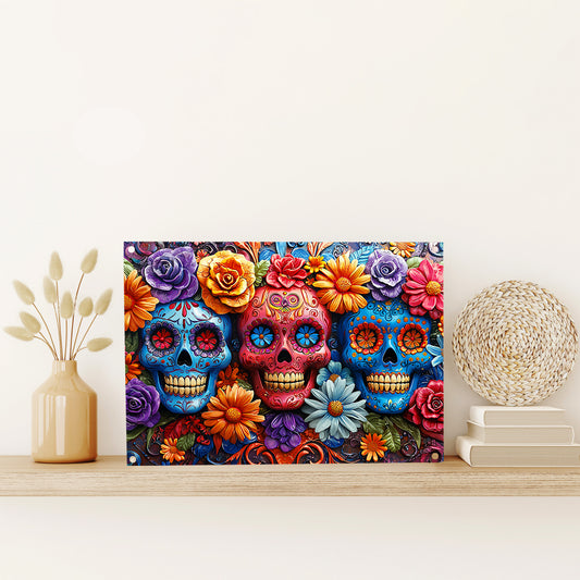 Glänzendes 2D Metallschild Sugar Skull mit Blume